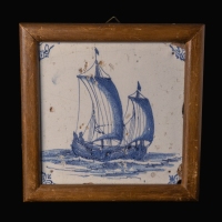 Dutch Delft blue and white tile with Sailing ship, framed
