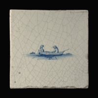 Dutch Delft blue and white tile with two people in a rowing boat