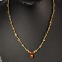 Necklace with ancient Egyptian multicoloured faience beads and carnelian poppy amulet