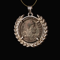 Silver Laurel Wreath Pendant with Roman Coin of Constantius II, Emperor on Galley Type