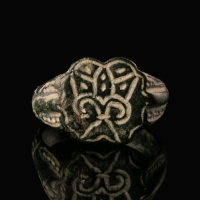 Medieval Bronze Seal Ring with Crowned Fleur-de-Lis