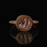 Byzantine Bronze Ring with the Virgin Mary Flanked by Saints