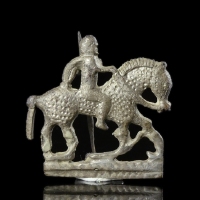Ancient Roman tinned bronze fibula, mounted rider on horseback