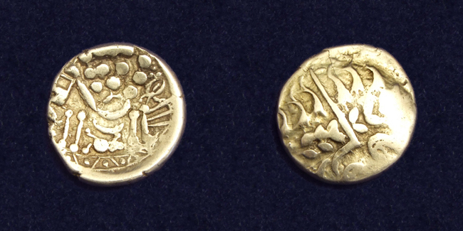 Example of a gold stater from the Durotriges tribe, Chute type