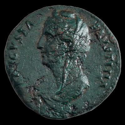 Left-facing portrait of the deified Faustina the Elder on a Roman sestertius