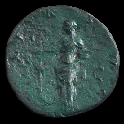 Pietas making an offering at an altar on the reverse of Faustina the Elder's sestertius